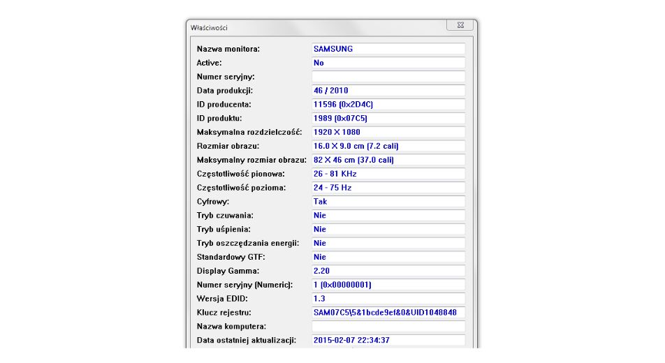 Odczyt danych EDID matrycy laptopa w programie MonitorInfoView